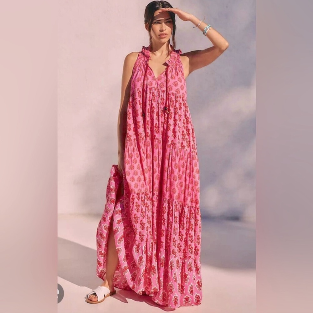 Ro’s Garden Sofia Maxi Dress Anthropologie Tiered Coverup Sundress Pink